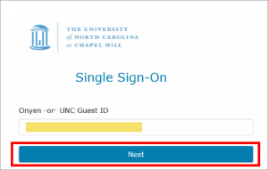 Single Sign On screen with Onyen field and Next button